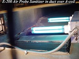 E-200 ultraviolet-c Air Probe Sanitizer installed in duct over A-coil